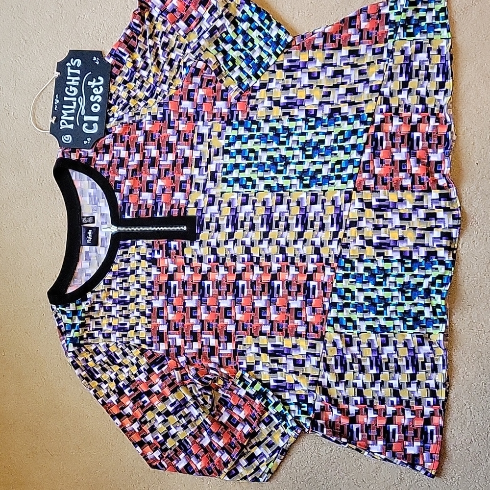 Rafaella Blouse PXL Multi-colored Geographic Zip Up Black